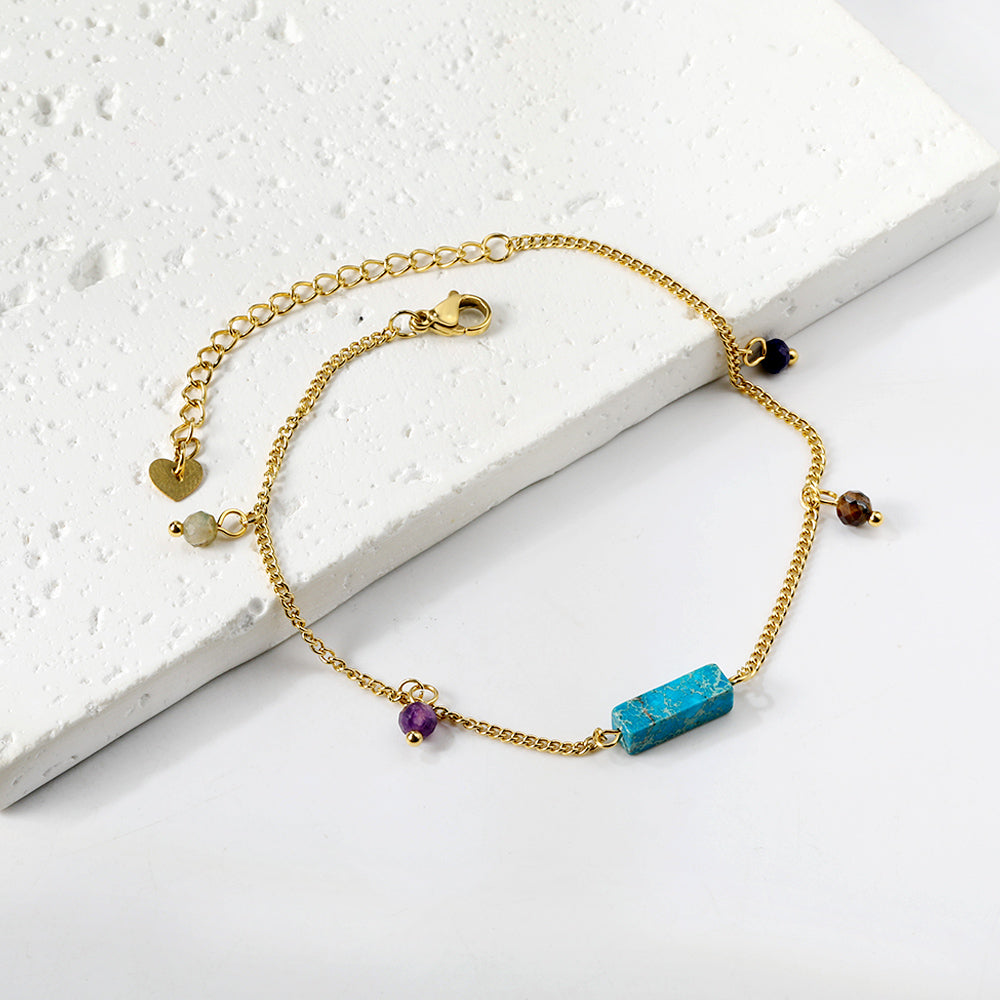 Aquamarine & Blue & Rose & Mixed Color 1 Rectangular Zircon + 4 Mixed Color Beads Anklet 21+5cm Golden asonjewelry