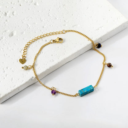 Aquamarine & Blue & Rose & Mixed Color 1 Rectangular Zircon + 4 Mixed Color Beads Anklet 21+5cm Golden asonjewelry