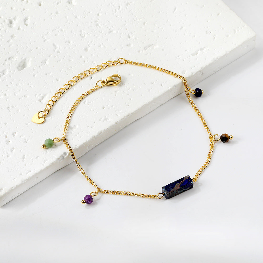 Aquamarine & Blue & Rose & Mixed Color 1 Rectangular Zircon + 4 Mixed Color Beads Anklet 21+5cm Golden asonjewelry