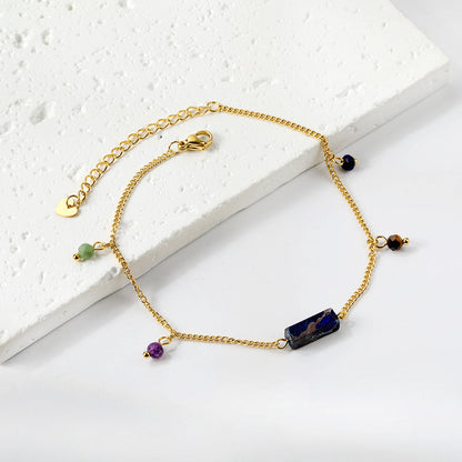 Aquamarine & Blue & Rose & Mixed Color 1 Rectangular Zircon + 4 Mixed Color Beads Anklet 21+5cm Golden asonjewelry