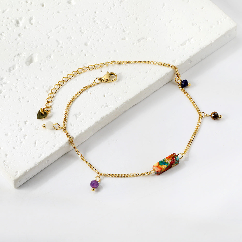 Aquamarine & Blue & Rose & Mixed Color 1 Rectangular Zircon + 4 Mixed Color Beads Anklet 21+5cm Golden asonjewelry
