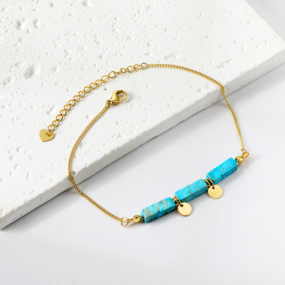Aquamarine & Blue & Rose & Mixed 3 Rectangular Zirconias + 2 Round Anklets 21+5cm Gold asonjewelry