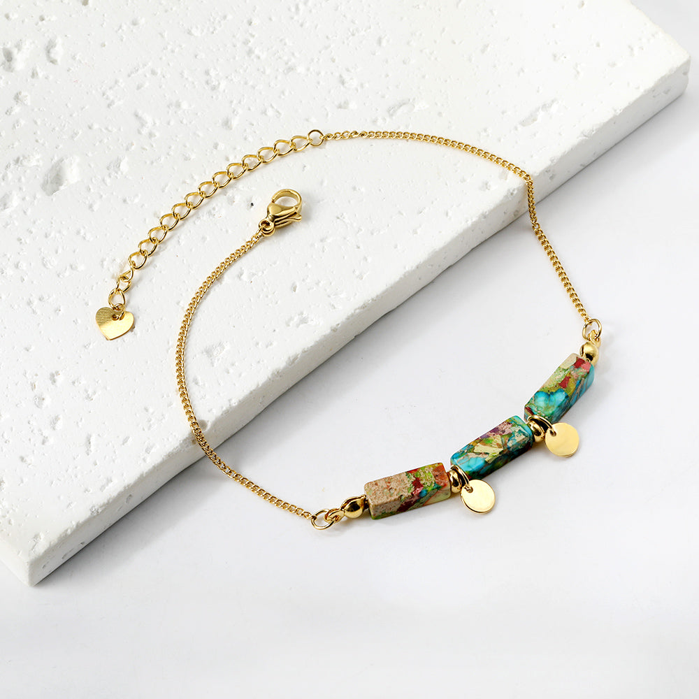 Aquamarine & Blue & Rose & Mixed 3 Rectangular Zirconias + 2 Round Anklets 21+5cm Gold asonjewelry