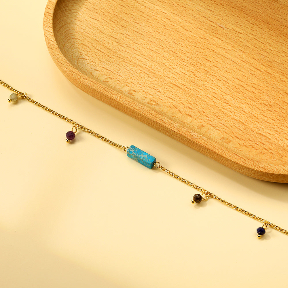 Aquamarine & Blue & Rose & Mixed Color 1 Rectangular Zircon + 4 Mixed Color Beads Anklet 21+5cm Golden asonjewelry