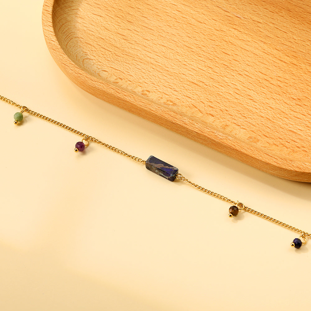 Aquamarine & Blue & Rose & Mixed Color 1 Rectangular Zircon + 4 Mixed Color Beads Anklet 21+5cm Golden asonjewelry