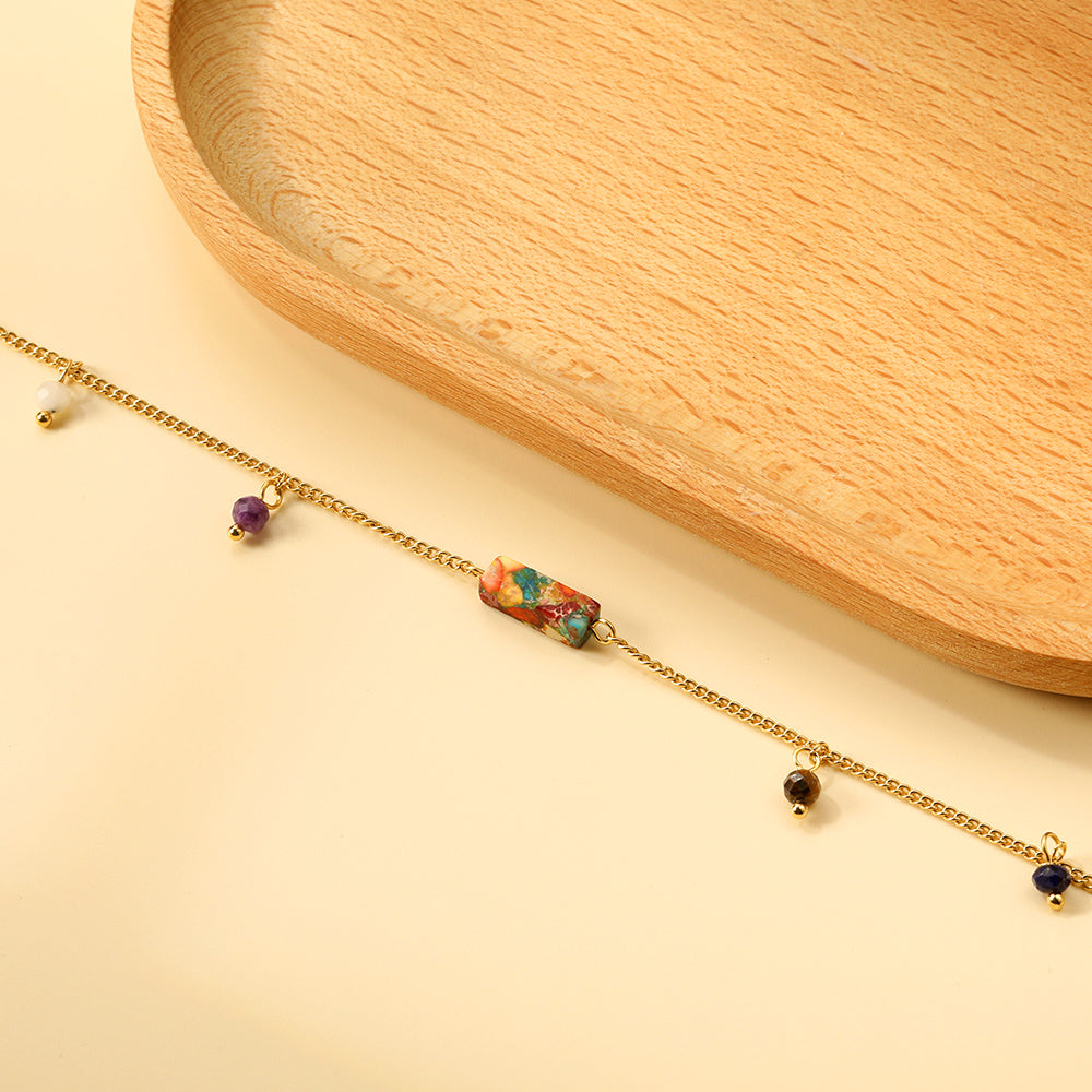 Aquamarine & Blue & Rose & Mixed Color 1 Rectangular Zircon + 4 Mixed Color Beads Anklet 21+5cm Golden asonjewelry