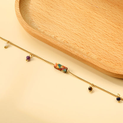 Aquamarine & Blue & Rose & Mixed Color 1 Rectangular Zircon + 4 Mixed Color Beads Anklet 21+5cm Golden asonjewelry