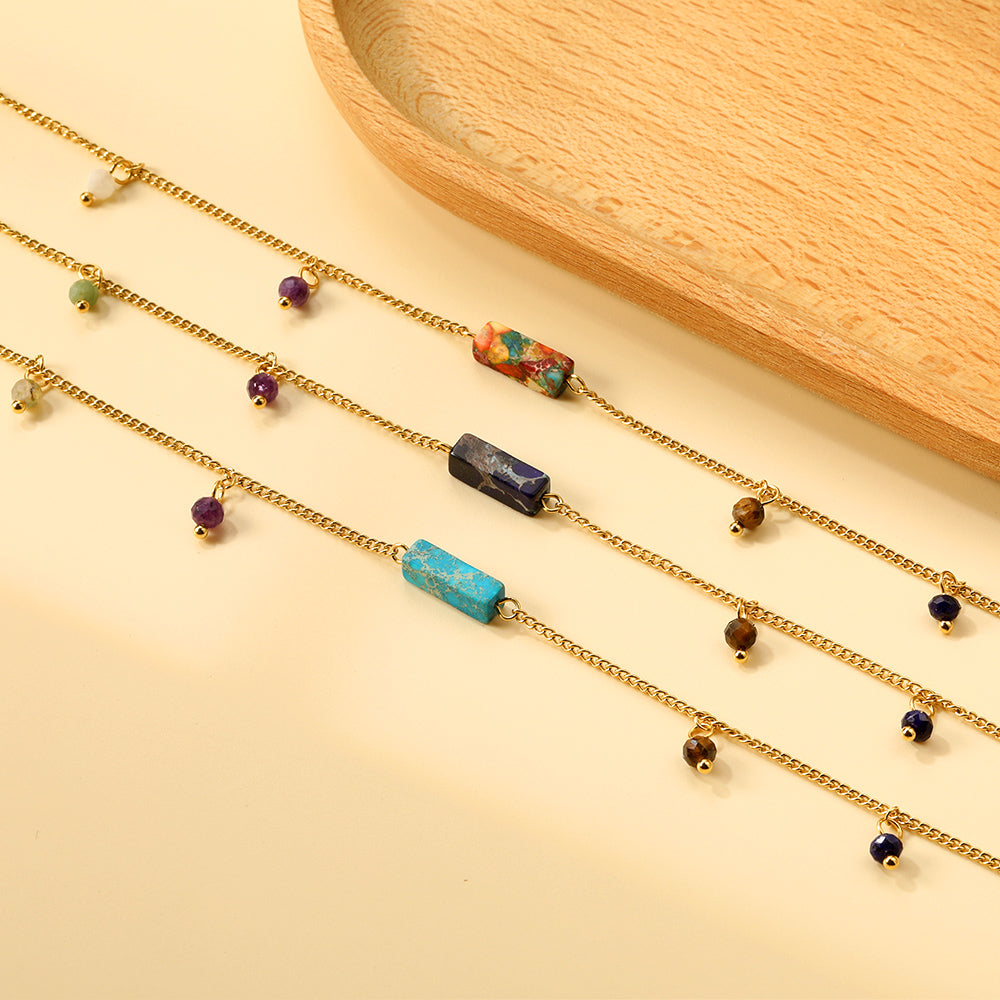 Aquamarine & Blue & Rose & Mixed Color 1 Rectangular Zircon + 4 Mixed Color Beads Anklet 21+5cm Golden asonjewelry