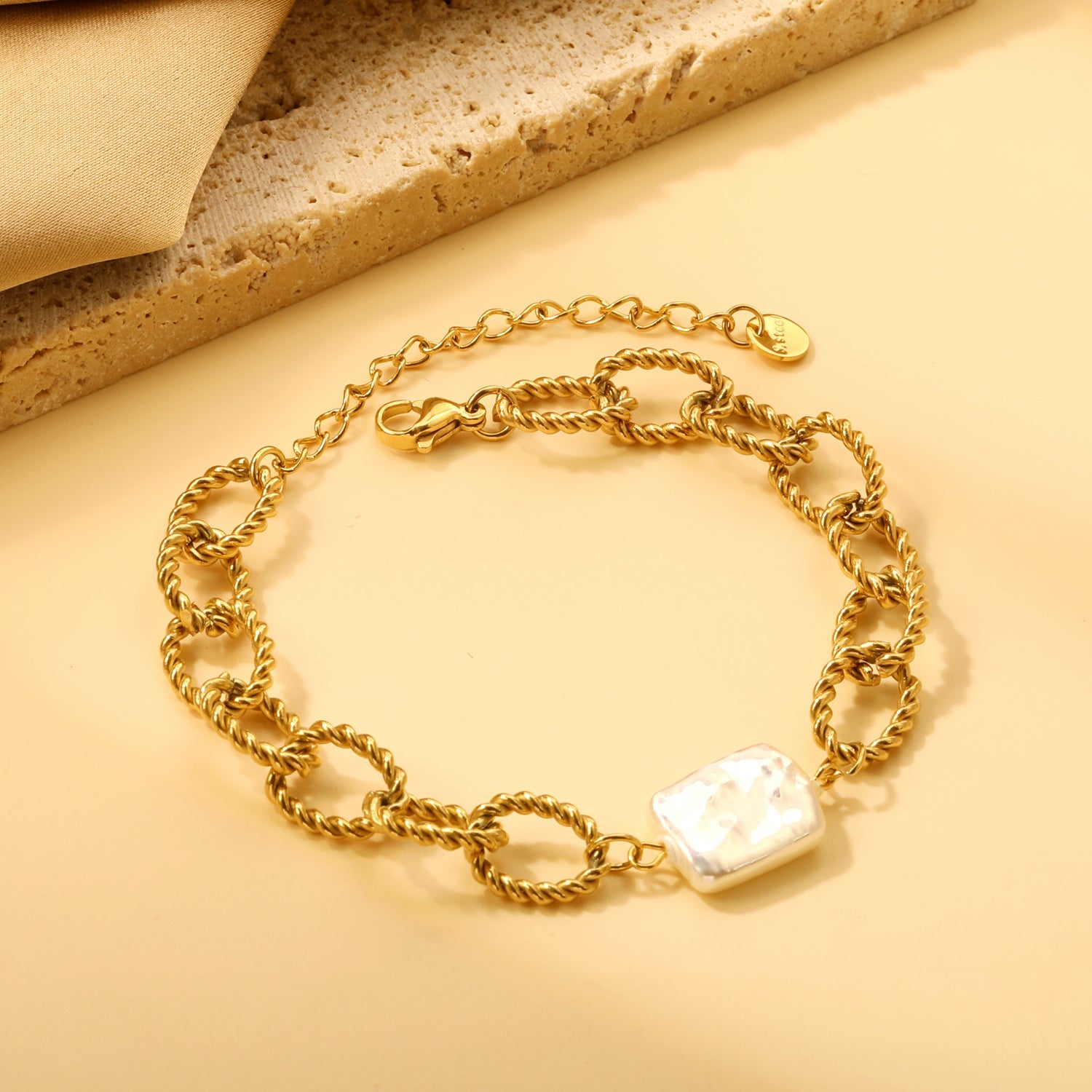Twisted Loop with Square White Pearl 11*14.6mm Bracelet 17+5cm asonjewelry