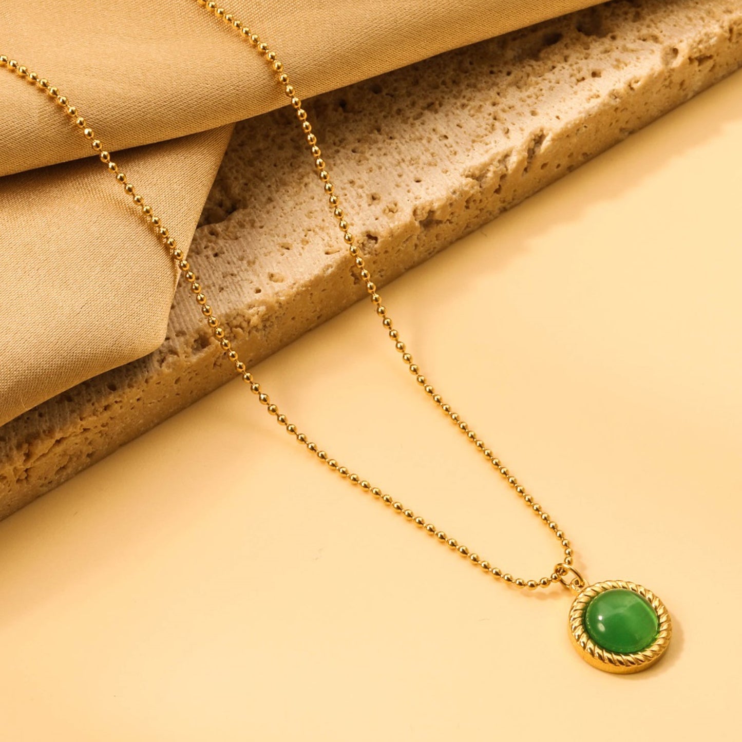 Round twisted edge with green cat's eye pendant 11.6mm Necklace 45+5cm asonjewelry