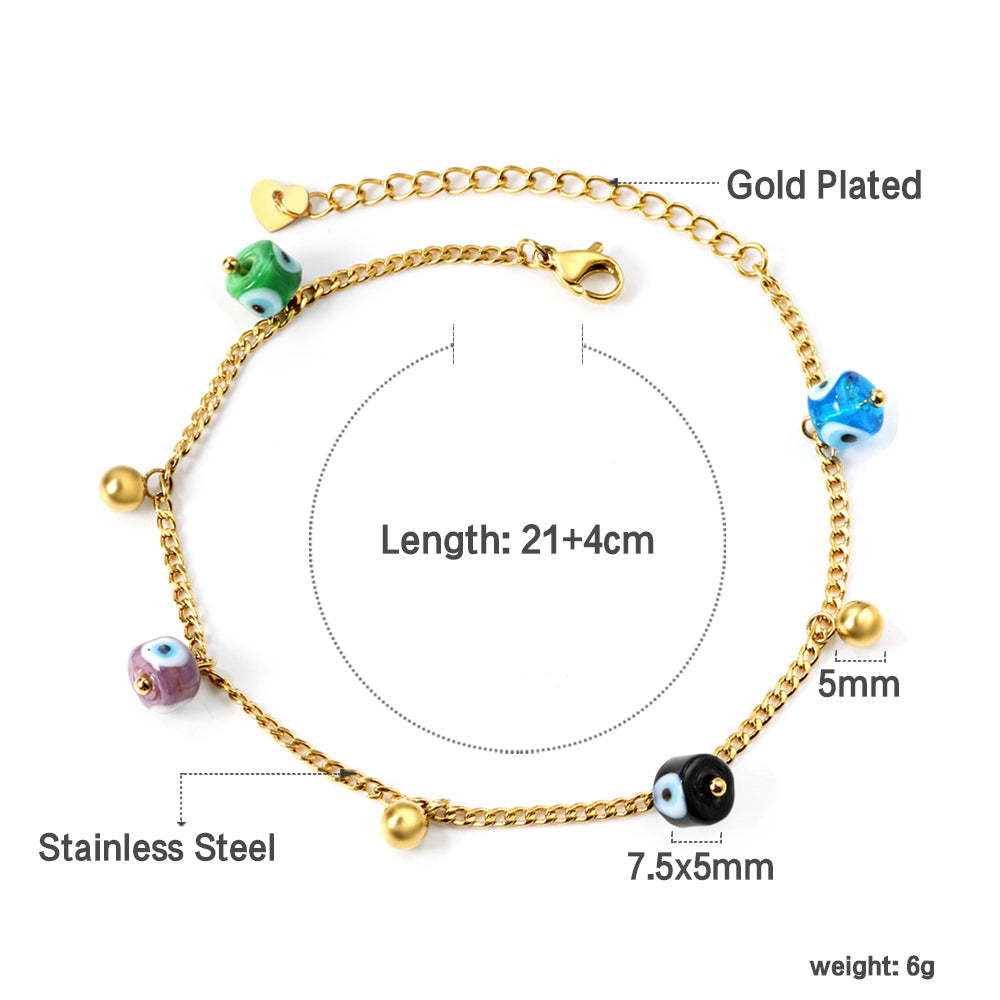 4 mixed color eye beads + 3 steel beads anklet 21+4cm gold color asonjewelry