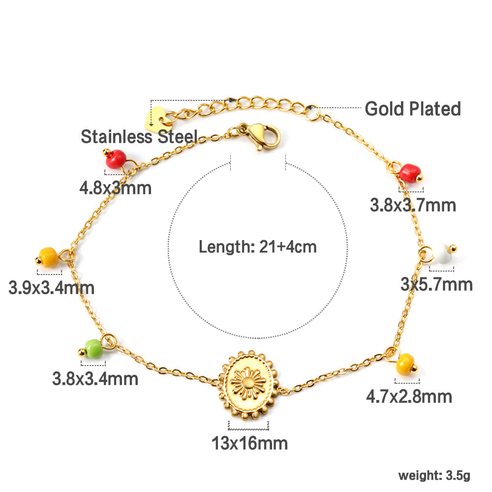 6 Mixed Colors Beads + Oval Accessory Anklet 21+4cm Gold asonjewelry