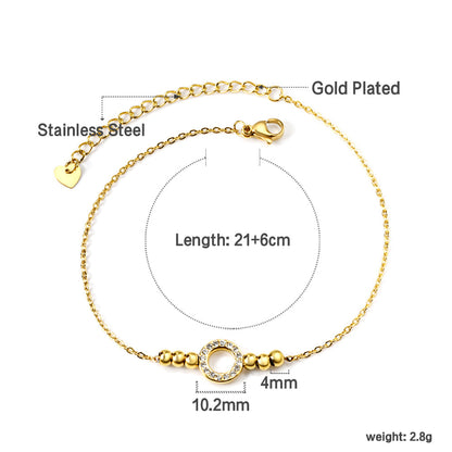 4 Steel Beads + Circle Fittings w/ White Diamonds Anklet 21+6cm Gold asonjewelry