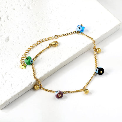 4 mixed color eye beads + 3 steel beads anklet 21+4cm gold color asonjewelry