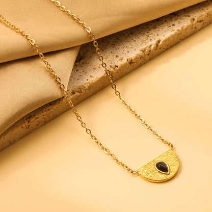 Semi-circle with teardrop black cat's eye pendant 20.3*11.6MM Necklace 45+5cm asonjewelry