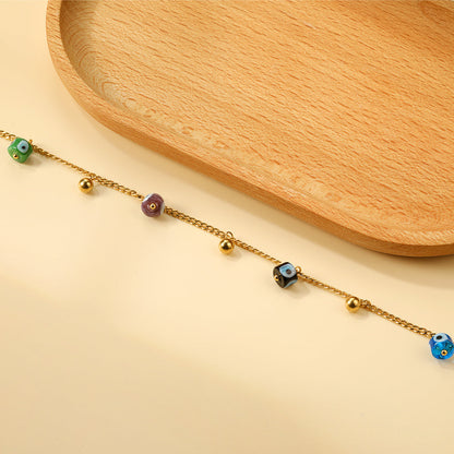 4 mixed color eye beads + 3 steel beads anklet 21+4cm gold color asonjewelry