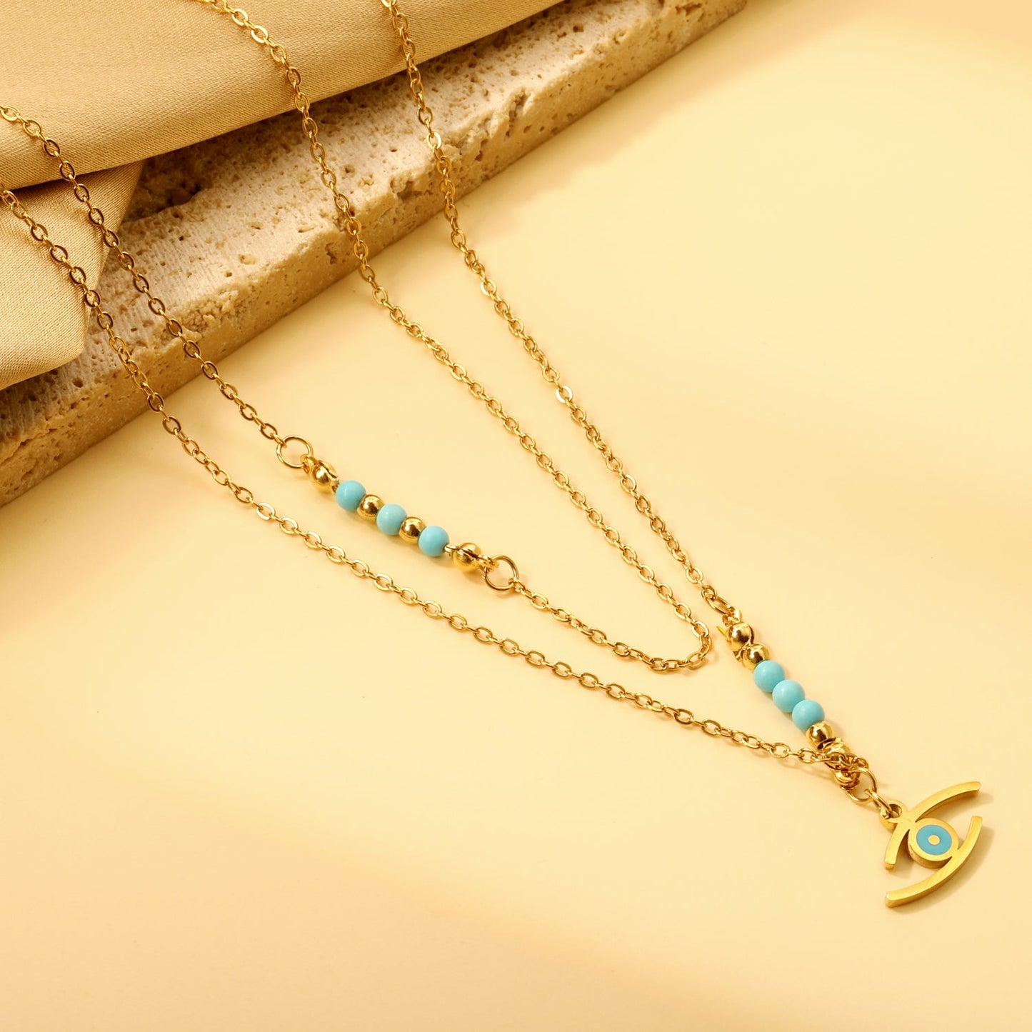 Lake blue eyes accessories 17.8*7.6mm+6 lake blue beads 3.2mm+4 steel beads 3mm with chain double chain 45+38+5cm asonjewelry