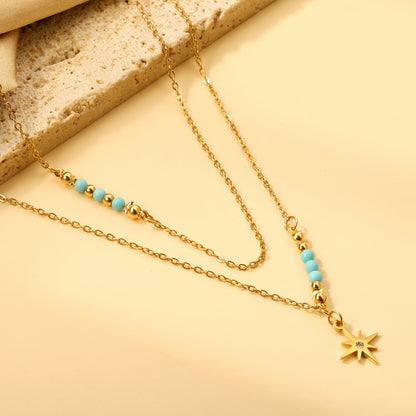 Octopus with diamonds accessories 12 * 12mm + 6 lake blue beads 3.2mm + 4 steel beads 3mm with chain double chain 45 + 38 + 5cm gold color asonjewelry