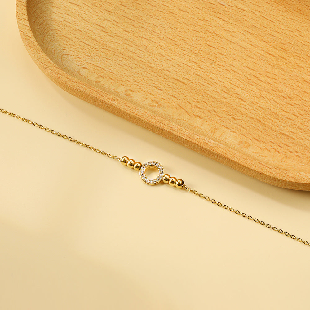 4 Steel Beads + Circle Fittings w/ White Diamonds Anklet 21+6cm Gold asonjewelry