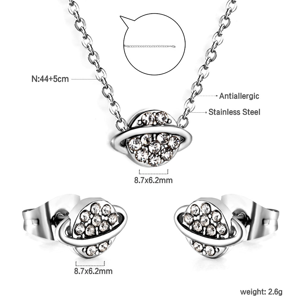 Gold/Steel Planet + Orbit Pendant with Diamonds Jewelry Set asonjewelry