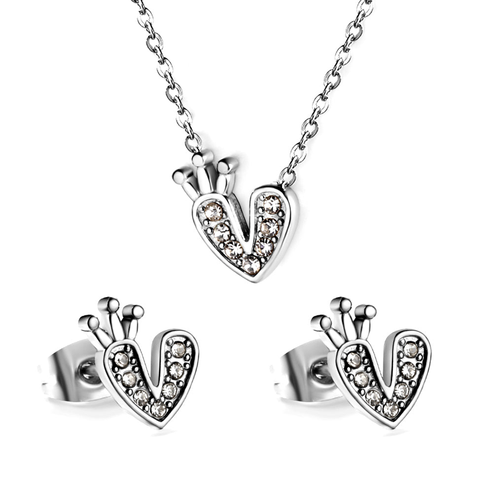 Heart with Crown Pendant Jewelry Set with Diamonds Steel/Gold asonjewelry