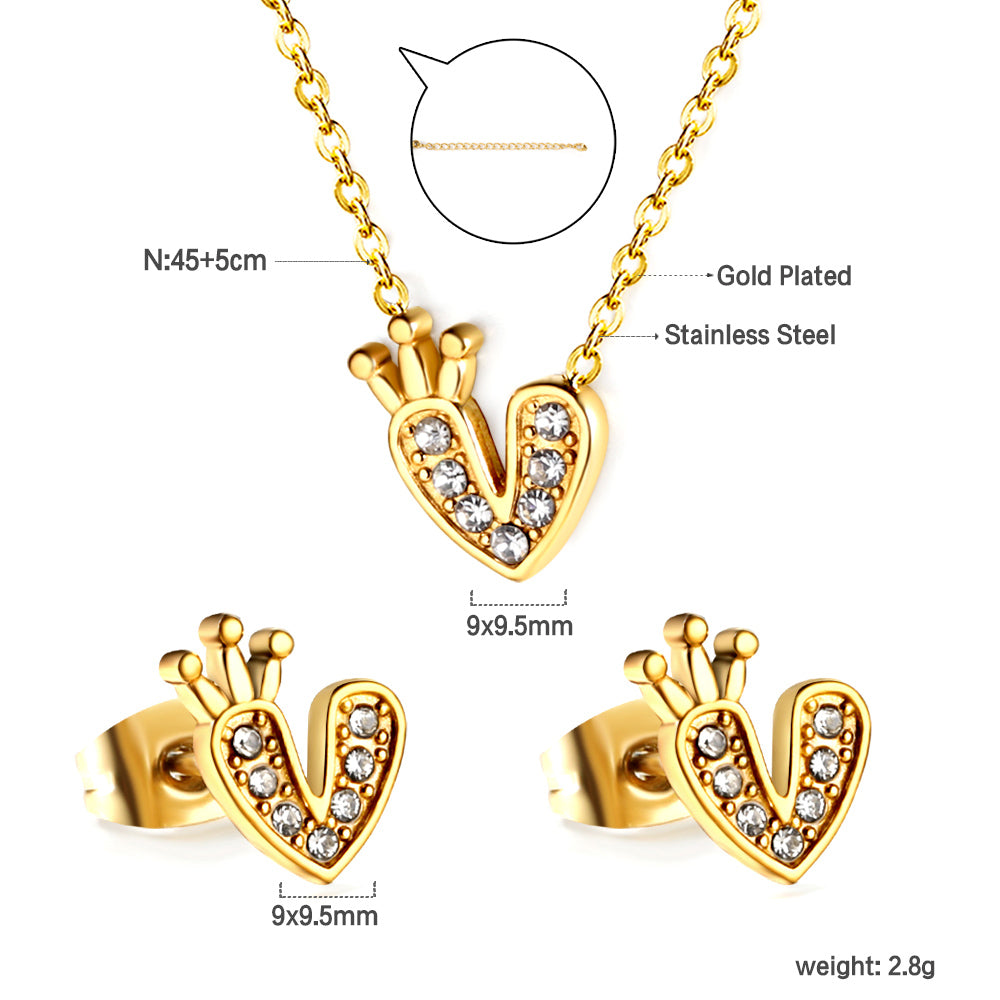 Heart with Crown Pendant Jewelry Set with Diamonds Steel/Gold asonjewelry