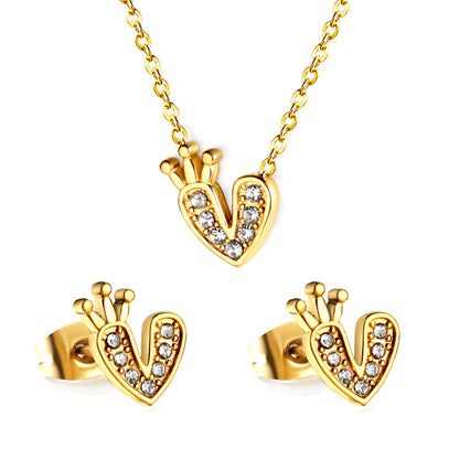 Heart with Crown Pendant Jewelry Set with Diamonds Steel/Gold asonjewelry