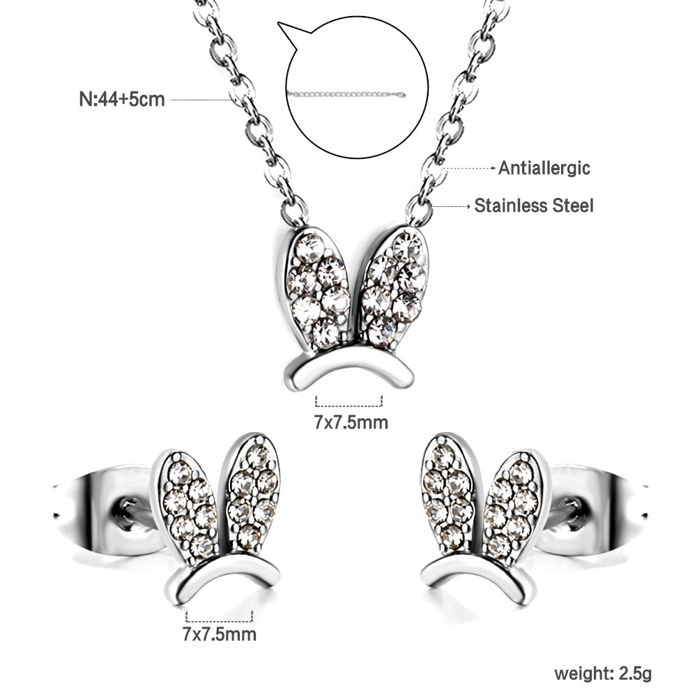 Rabbit Headdress Pendant with Diamonds Jewelry Set Steel/Gold asonjewelry