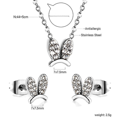 Rabbit Headdress Pendant with Diamonds Jewelry Set Steel/Gold asonjewelry