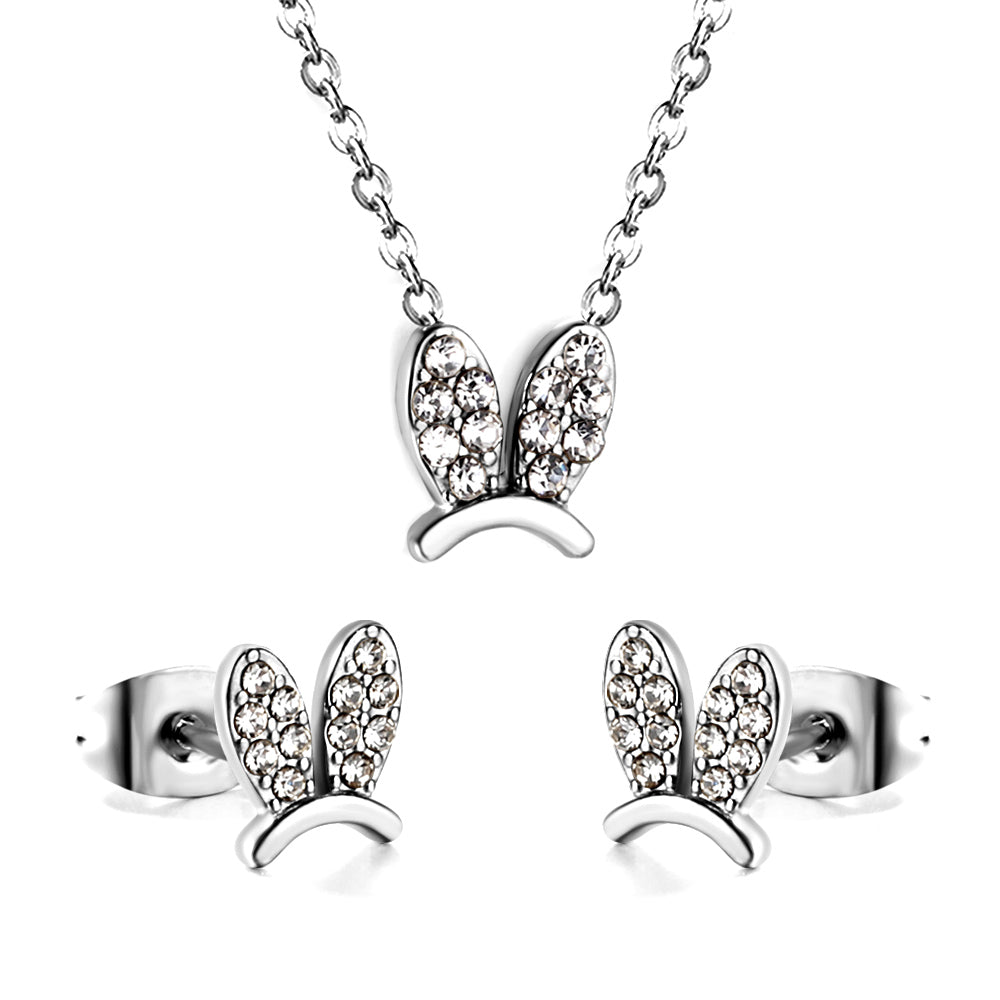 Rabbit Headdress Pendant with Diamonds Jewelry Set Steel/Gold asonjewelry