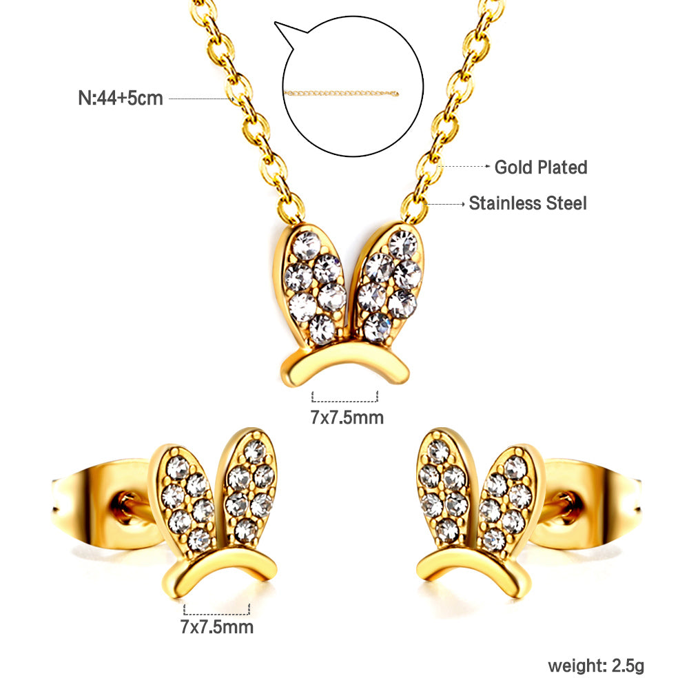 Rabbit Headdress Pendant with Diamonds Jewelry Set Steel/Gold asonjewelry