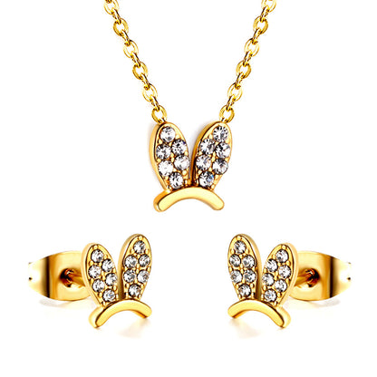 Rabbit Headdress Pendant with Diamonds Jewelry Set Steel/Gold asonjewelry