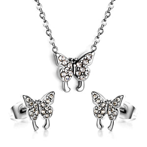 Butterfly Pendant Jewelry Set with Diamonds Steel/Gold
