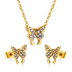 Butterfly Pendant Jewelry Set with Diamonds Steel/Gold