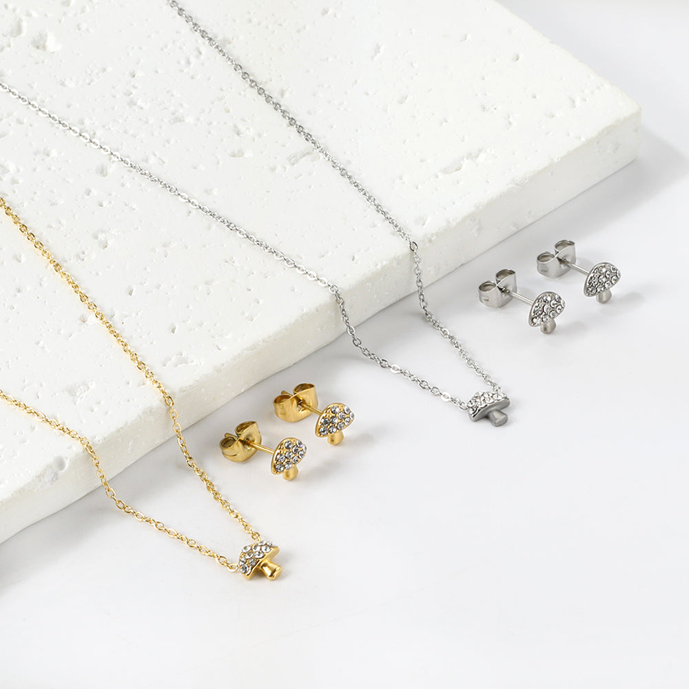 Mushroom Pendant with Diamond Jewelry Set Steel/Gold asonjewelry