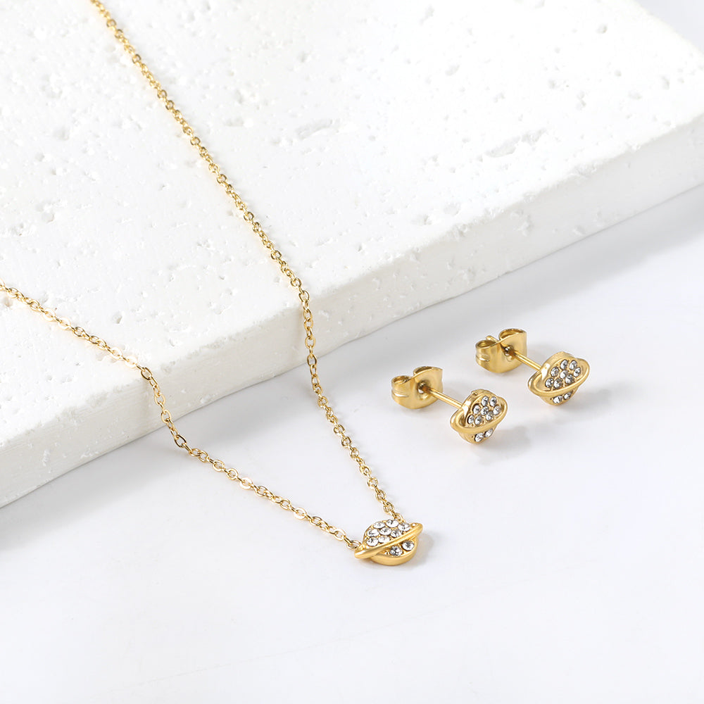 Gold/Steel Planet + Orbit Pendant with Diamonds Jewelry Set asonjewelry