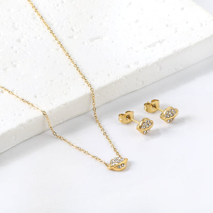 Gold/Steel Planet + Orbit Pendant with Diamonds Jewelry Set asonjewelry