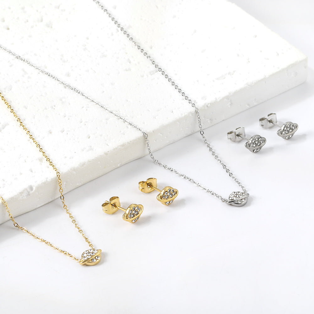 Gold/Steel Planet + Orbit Pendant with Diamonds Jewelry Set asonjewelry