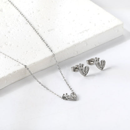 Heart with Crown Pendant Jewelry Set with Diamonds Steel/Gold asonjewelry