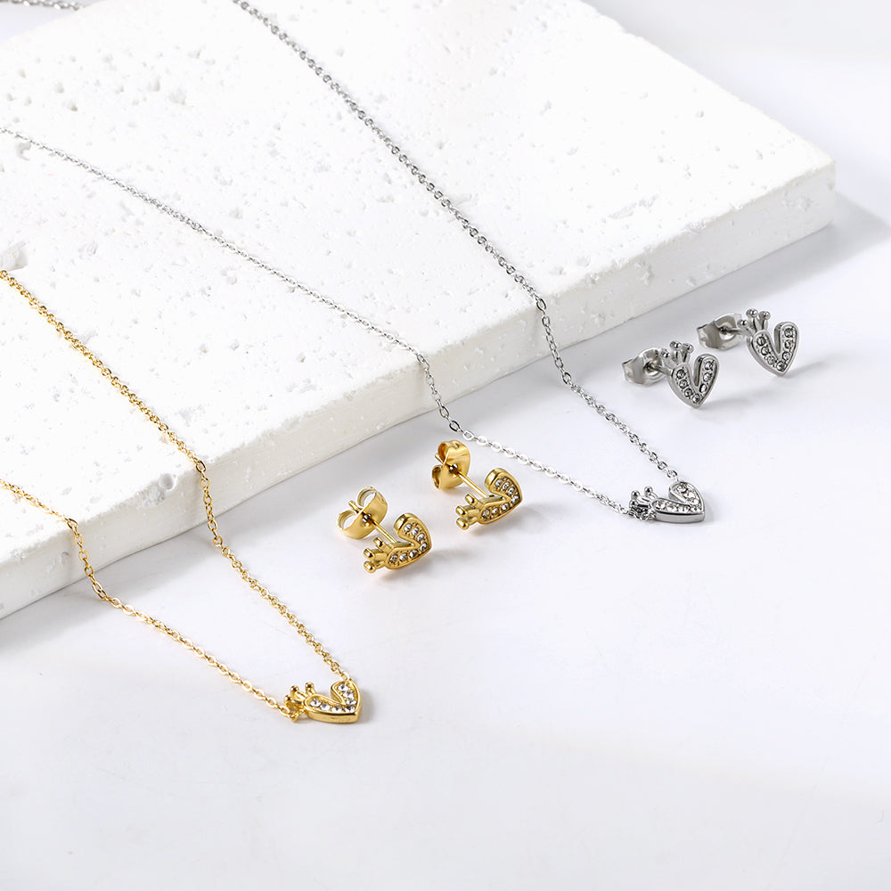Heart with Crown Pendant Jewelry Set with Diamonds Steel/Gold asonjewelry