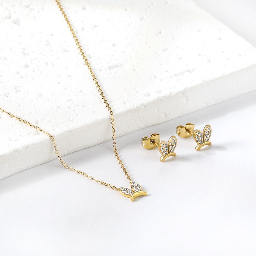 Rabbit Headdress Pendant with Diamonds Jewelry Set Steel/Gold asonjewelry