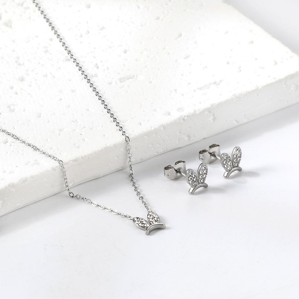 Rabbit Headdress Pendant with Diamonds Jewelry Set Steel/Gold asonjewelry