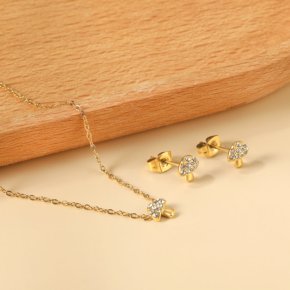 Mushroom Pendant with Diamond Jewelry Set Steel/Gold asonjewelry