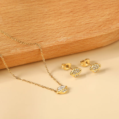 Gold/Steel Planet + Orbit Pendant with Diamonds Jewelry Set asonjewelry