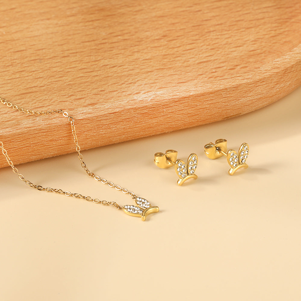 Rabbit Headdress Pendant with Diamonds Jewelry Set Steel/Gold asonjewelry