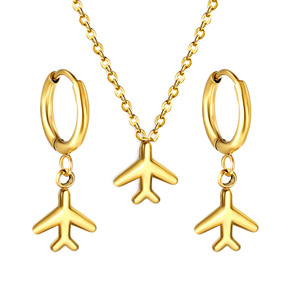 Airplane Pendant Jewelry Set Steel/Gold asonjewelry