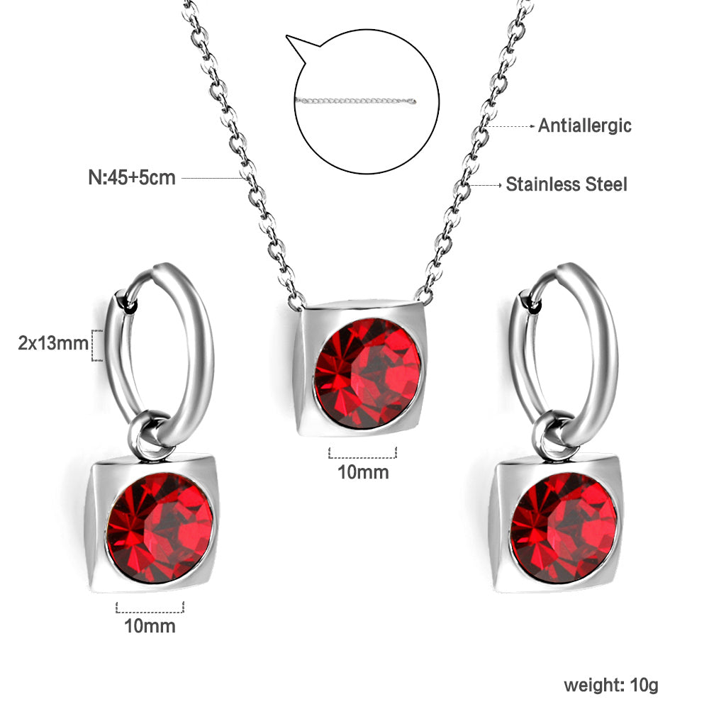 Square with White Pearls & White Diamonds & Red Diamonds & Blue Diamonds & Kong Blue Diamonds Jewelry Set Steel / Gold asonjewelry