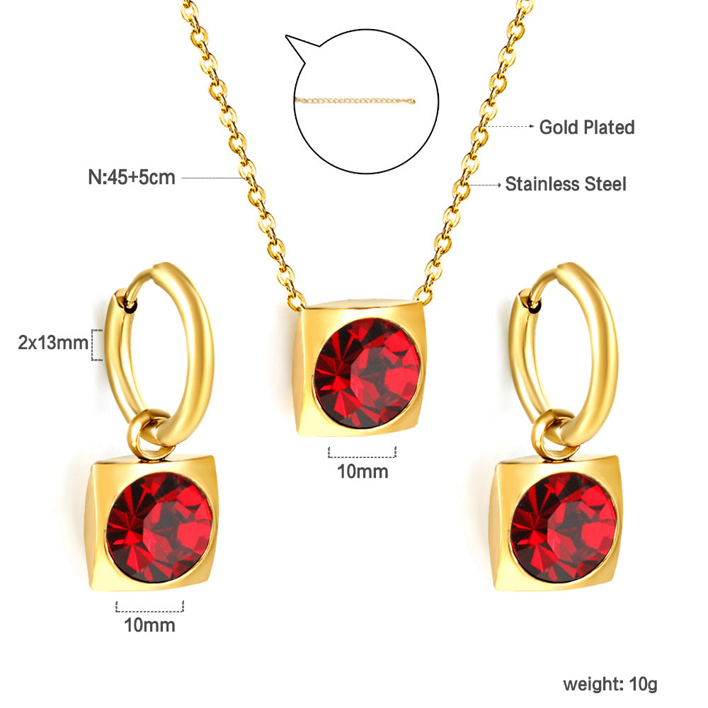 Square with White Pearls & White Diamonds & Red Diamonds & Blue Diamonds & Kong Blue Diamonds Jewelry Set Steel / Gold asonjewelry