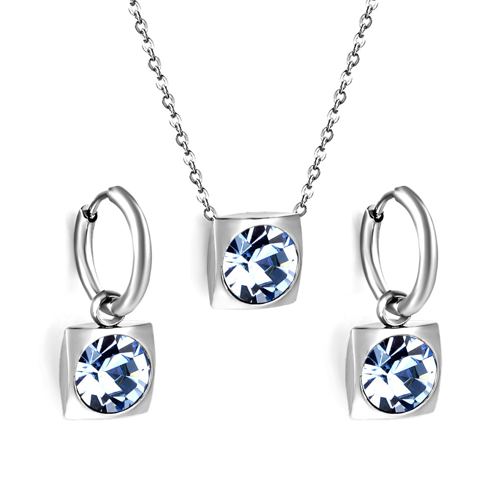 Square with White Pearls & White Diamonds & Red Diamonds & Blue Diamonds & Kong Blue Diamonds Jewelry Set Steel / Gold asonjewelry