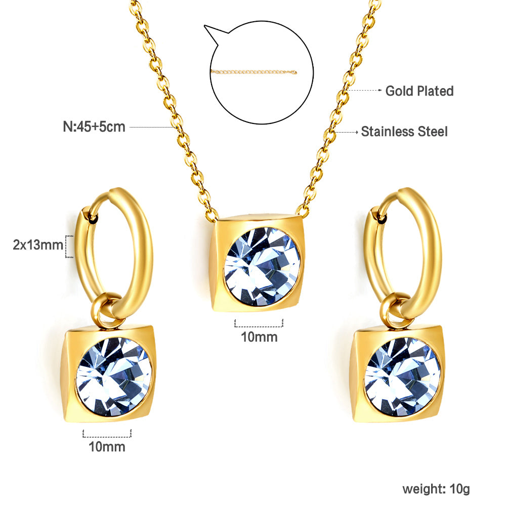 Square with White Pearls & White Diamonds & Red Diamonds & Blue Diamonds & Kong Blue Diamonds Jewelry Set Steel / Gold asonjewelry